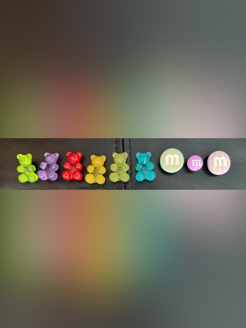 M&M'S & Gummy Bear crocs charm in Green Purple Red Yellow Teal Pink